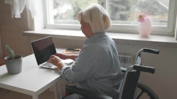 Kobiecy Programista Nowoczesnych Słuchawkach Siedzących Wózku Inwalidzkim Korzystających Komputerów Podczas — Wideo stockowe