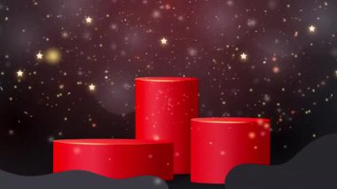 Ürün sunumu için podyum ile kışın Noel arkaplanı. Kar yığınında kübik kaide, yağan kar. 4k