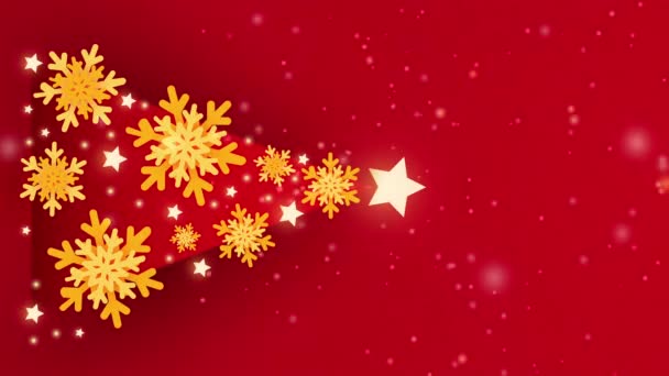 Vánoční Stromeček Zdobené Sněhové Vločky Bokeh Světla Hvězdy Červeném Pozadí — Stock video
