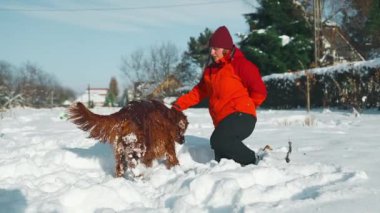 Kadın kışın, İrlandalı yerleşimci köpeğine dışarıda emir veriyor. İnsan ve hayvanın dostluğu, sağlıklı yaşam tarzı. Yüksek kaliteli FullHD görüntüler