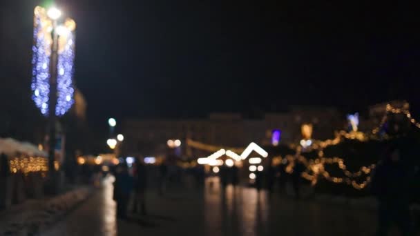 Mercado Natal Desfocado Noite Antiga Praça Mercado Cracóvia Viagens Conceito — Vídeo de Stock