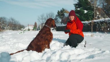 Kadın kışın, İrlandalı yerleşimci köpeğine dışarıda emir veriyor. İnsan ve hayvanın dostluğu, sağlıklı yaşam tarzı. Yüksek kaliteli FullHD görüntüler
