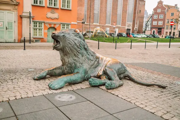 Gdansk, Polonya - 1 Ekim 2022: Polonya 'nın eski kenti Gdansk' taki bronz aslan heykelleri. Yüksek kalite fotoğraf
