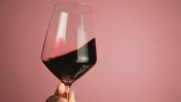 ワイングラスで赤ワインを泳ぐ女性の手を閉じます ピンクウォールスタジオのバックグラウンドでワインのテイスティング 飲料ワイン — ストック動画