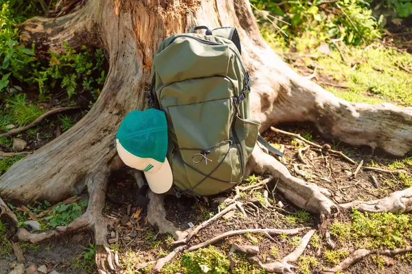 Travel camping backpack or military hunting bag with sticks leaning against a tree on the forest floor. Travel, hiking and camping concept, copy space for text. High quality photo
