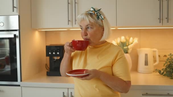 迷人的精力充沛的白种人60多岁的女人在厨房的现代机器旁享受新鲜的香浓咖啡 优质Fullhd影片 — 图库视频影像