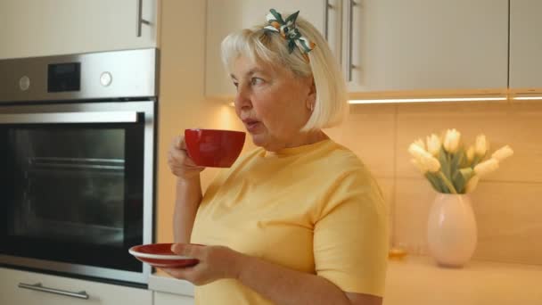 Heureuse Femme Âgée Souriante Pensionnée Boit Thé Chaud Café Cappuccino — Video