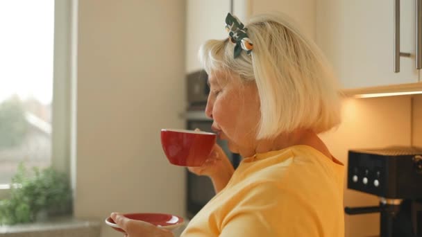 ハッピー笑顔の年金年金女性は ホットティーやカプチーノコーヒーを飲んで 自宅のキッチンで朝の日光で窓から見ています — ストック動画