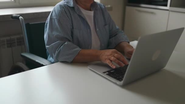 Programadora Independiente Mujer Sentada Silla Ruedas Usando Laptop Casa Concepto — Vídeos de Stock