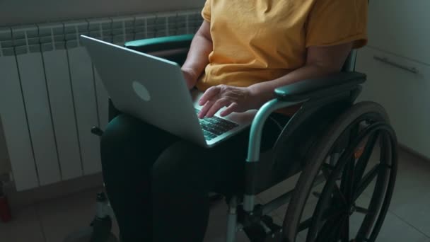 自由程序员妇女坐在轮椅上 在家里使用笔记本电脑 克服残疾的概念 优质Fullhd影片 — 图库视频影像