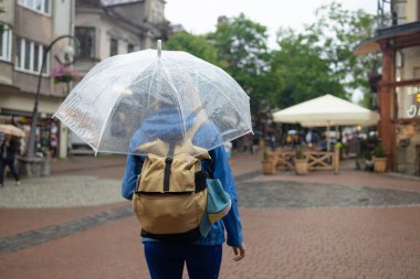  Sonbahar şehrinde şemsiyeyle dolaşan bir kızın portresi. Yüksek kalite fotoğraf