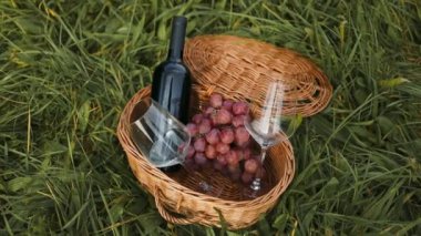 Romantik randevu pikniği, sakin bir hayat. Bir şişe kırmızı şarap, iki bardak, gün batımında tarlada hasır bir sepette üzüm. Yüksek kaliteli FullHD görüntüler