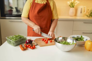 Kadın aşçı, mutfakta sebzeli İtalyan salatası hazırlarken tahtada taze vişneli domates dilimliyor.