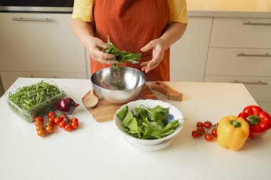 Elinde bıçak ve taze ıspanak tutan 60 'lı yılların son sınıf sarışın beyaz kadın kırsal mutfağında bir kase sağlıklı diyet salatası hazırlıyor. Yüksek kalite fotoğraf