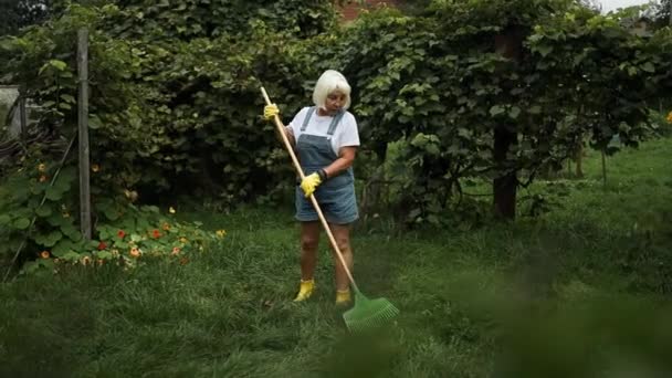 Ogrodnik Grabiący Jesienne Liście Ogrodzie Kobieta Stojąca Grabiami Jesienna Praca — Wideo stockowe