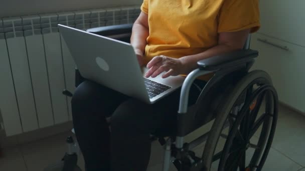 Programadora Independiente Mujer Sentada Silla Ruedas Usando Laptop Casa Concepto — Vídeo de stock
