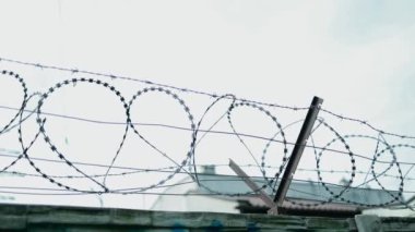 Yağmurlu bir günde hapishanenin dikenli telleriyle elektrikli tel örgülerin genel görünümü. Çitlere yağmur damlaları yağıyor. Yüksek kaliteli FullHD görüntüler