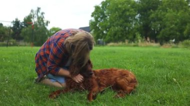Şirin genç kız yavru İrlandalı köpeğini doğada tutuyor, sarılıyor, sarılıyor, öpüşüyor. Hayvanların en iyi dostu, hoş bir arkadaşlık. Yüksek kaliteli FullHD görüntüler
