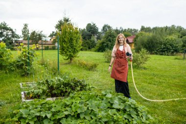 30 'lu yaşlardaki kadın sebze bahçesinde yetişen taze bitkileri suluyor. Bahçıvan evinin arka bahçesindeki bitkilerle ilgileniyor. Sürdürülebilirlik ve organik büyüme kavramı. Yüksek kalite fotoğraf