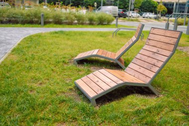Yaprak döken ağaçların gölgesinde dinlenmek için güneşlenirler. Şehir parkının peyzajı. Krakow, Polonya