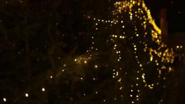 Mutlu yıllar 2025 temalı Noel ağacı dalında kırmızı ve altın toplar süslenmiş güzel ışıklar arka planında. Seçici odak