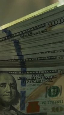 Vergi belgelerini incelerken 100 dolarlık banknotlar sayan bir kadın. Finansal planlama ve vergi hazırlama kavramı. Dünya ekonomisi. Döviz bürosu. Nakit ödeme. Yüksek kaliteli FullHD görüntüler