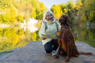 60 'lı yaşlardaki mutlu bir kadın, en iyi arkadaşı İrlandalı köpeğiyle birlikte sonbahar ormanlarında gündelik kıyafetler giyer. Boş zaman, yolculuk, seyahat ve insan konsepti.. 