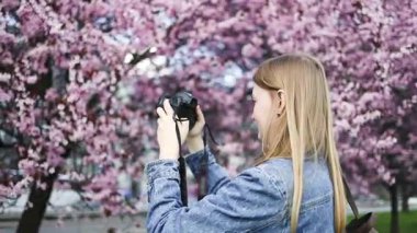 Bir kadın, parkta canlı pembe kiraz çiçeklerinin güzelliğini kamerasıyla yakalar. Çiçeklerle çevrelenmiş, ilkbaharda doğayı fotoğraflamaktan hoşlanıyor..