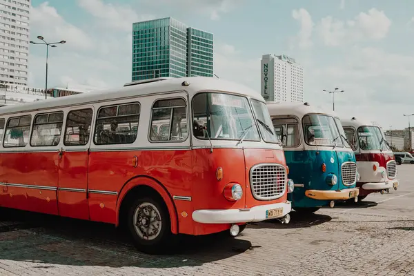 Varşova, Polonya - 3 Eylül 2023 Modern gökdelenlerle çevrili, güneşli bir günde kırmızı, mavi ve beyaz renkli otobüslerle arka arkaya park edilmiş. Nostaljik tasarım ve araçların koyu renkleri