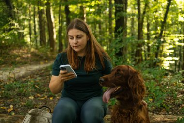 Ormandaki düşmüş bir ağaç kütüğünde oturan uzun kahverengi saçlı genç bir kadın elinde akıllı bir telefon ve yanında İrlandalı Setter köpeği var. Barışçıl bir doğa ve arkadaşlık anı.