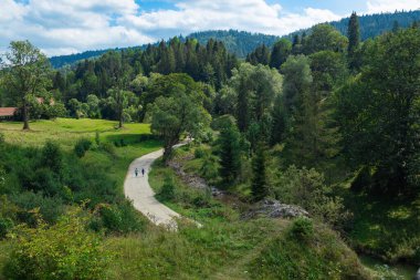 Bereketli yeşil bir vadinin nefes kesen panoramik manzarası. Ormanlık tepeler ve dağılmış bulutlarla dolu açık mavi bir gökyüzünün altındaki uzak dağlar.. 