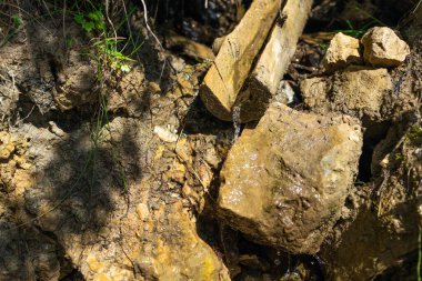 Bir dağın pınarından taze su toplayıp tekrar kullanılabilir bir şişeye koyan elin yakın çekimi. Sürdürülebilirlik, eko-seyahat, susuzluk ve açık havada hayatta kalma temalarını yakalar.