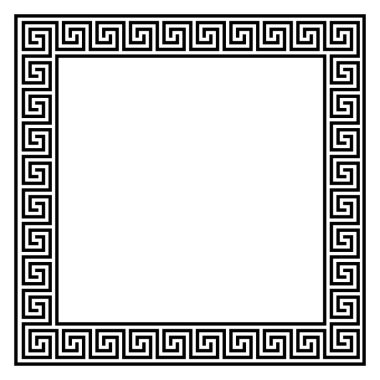 Kare çerçeve, pürüzsüz dolambaçlı. Ortalamalar, dekoratif çerçeveler, sürekli çizgilerden inşa edilir, tekrarlanan motifler oluşturulur. Yunan perdesi ya da Yunan anahtarı. Vektör illüstrasyonu.
