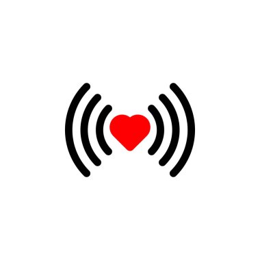 Kalp kablosuz internet. Vektör kalp bağlantı simgesi düz şekilde. Kalp sinyali. Beyaz arkaplanda düz stil kırmızı wifi simgesi var. Aşk bağlantısı. Karı noktası sinyali. Aşk sinyali.