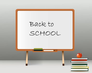 Back to school text drawing by colorful chalk in blackboard with school items. Back to school vector concept design