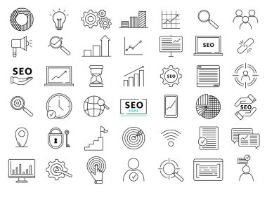 İnternet ve seo simgeleri. Web Geliştirme - ince çizgi vektör simgesi seti. SEO ve tanıtım satırı simgeleri
