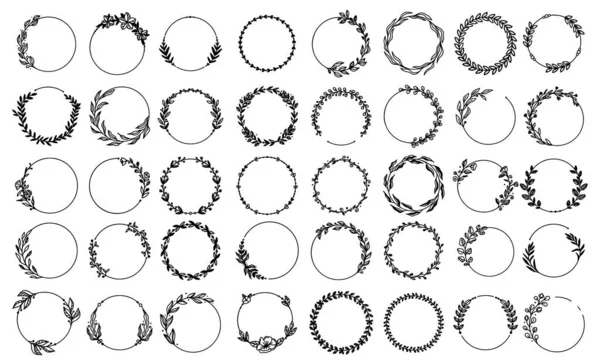 Çiçekli, dallı ve yapraklı el çizimi çiçek çerçeveleri. Botanik çelengi. Laurel bitki yaprağı, çiçek çerçevesi, yuvarlak zeytin yaprakları, Yunan düğünü için dal, arma logosu.
