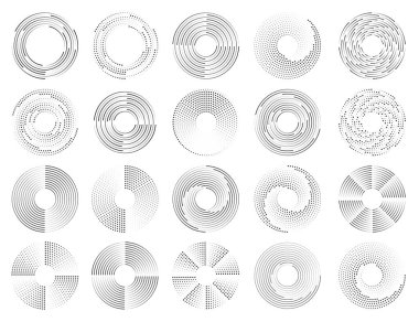 Çember noktalı hız çizgileri. Siyah, yarım tonlu, noktalı hız çizgileri. Yuvarlak girdap ve kıvrımlar hareketli spiral semboller. Simgeler yükleniyor