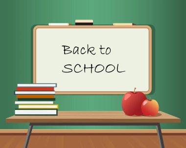 Back to school text drawing by colorful chalk in blackboard with school items. Back to school vector concept design
