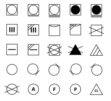 Çamaşır Vektörü Simgeleri ayarlandı. Yıkama sembolleri. Etiketlere, makinelere veya el yıkama işaretlerine dikkat et..