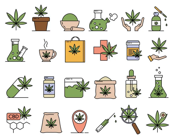 Medizinisches Marihuana Cannabis Bezogene Zeilensymbole Gesetzt Cannabidiol Symbole Marijuanas Umreißen Vektorgrafiken