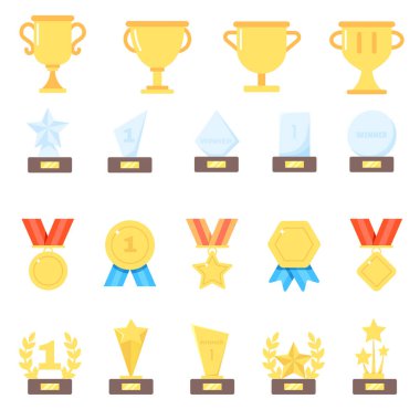 Ödül, kupa, kupa ve madalya düz simge seti. Şampiyonluk için altın ödül ve altın kupa. Kupa, madalya, ödül ikonu. Vektör