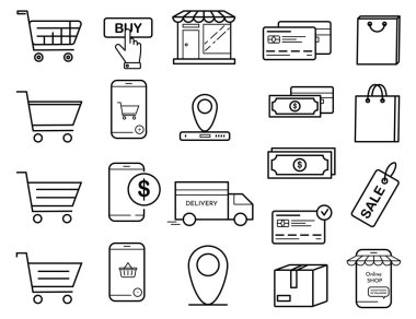 Çevrimiçi Alışveriş - ince doğrusal vektör simgesi seti. Ticaret, dükkan, satış ikonları. Doğrusal dükkan simgesi seti.