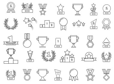 Ödül çizgisi simgeleri ayarlandı. Kupa, madalya, ödül ikonu. Moda tasarımı için vuruş vektör unsurları. Mobil konsept ve web uygulamaları için basit resim grafikleri.