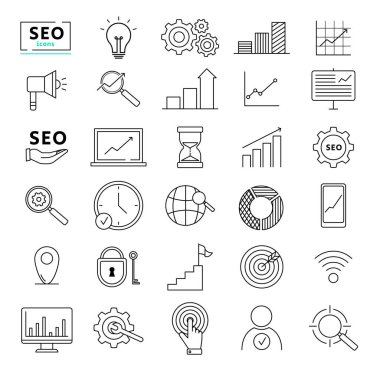 İnternet ve seo simgeleri. Web Geliştirme - ince çizgi vektör simgesi seti. SEO ve tanıtım satırı simgeleri