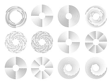 Çember noktalı hız çizgileri. Siyah, yarım tonlu, noktalı hız çizgileri. Yuvarlak girdap ve kıvrımlar hareketli spiral semboller. Simgeler yükleniyor