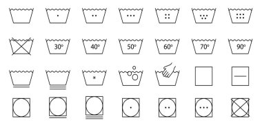 Çamaşır Vektörü Simgeleri ayarlandı. Yıkama sembolleri. Etiketlere, makinelere veya el yıkama işaretlerine dikkat et..