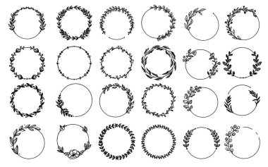 Çiçekli, dallı ve yapraklı el çizimi çiçek çerçeveleri. Botanik çelengi. Laurel bitki yaprağı, çiçek çerçevesi, yuvarlak zeytin yaprakları, Yunan düğünü için dal, arma logosu.