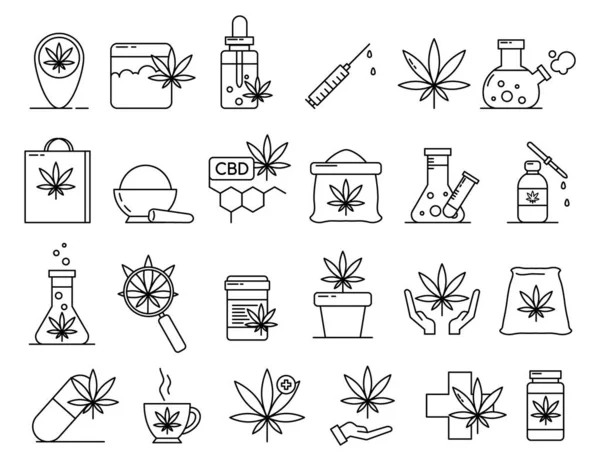 Medizinisches Marihuana Cannabis Bezogene Zeilensymbole Gesetzt Cannabidiol Symbole Marijuanas Umreißen lizenzfreie Stockvektoren