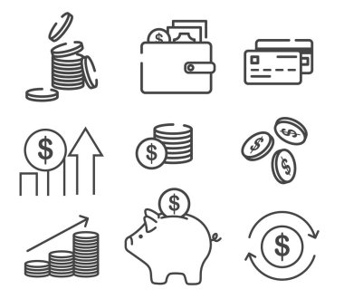 Para, finans, bankacılık ana hatları ikon koleksiyonu. Bir dizi bankacılık, cüzdan ve sikke ikonu. Kredi kartı, döviz kuru ve nakit para servisi..